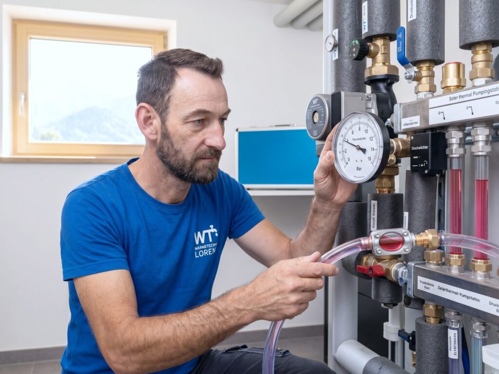 Meister Florian Lorenz von WT-Lorenz prüft konzentriert den Druck und die Solarflüssigkeit an einer modernen Solarthermie-Pumpstation in einem hellen Technikraum in Kochel. und Umgebung.